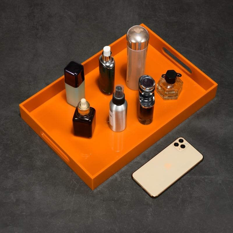 KEVLANG Orange Sturdy Acrylic Serving Tray with Handles-10x15Inch-Serving Coffee,Food,Breakfast,Butler-Kitchen Countertop Tray-Makeup Drawer Organizer-Vanity Table,Ottoman Tray-Decorative Tray - Image 5