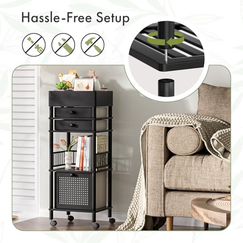 Amazer Bamboo Makeup Organizer Cart with 3 Drawers, Floor Skin Care Storage for Bathroom Bedroom, Rolling Vanity Organizer Cart for Cosmetic, Nail Polish, Perfume and Hair Tools, Black - Image 5