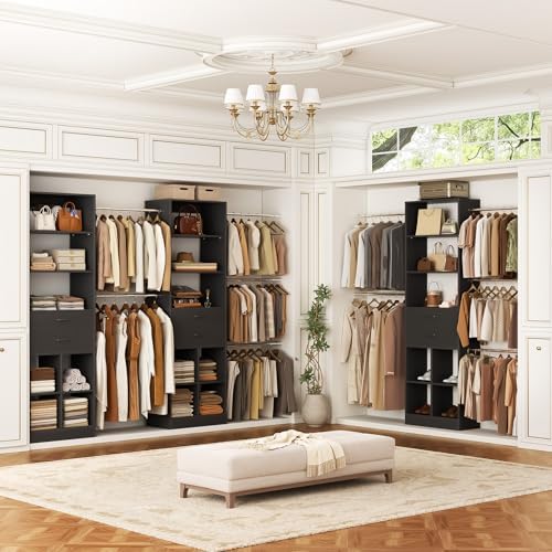 Besiost Closet System, 4-8 FT Closet Organizer Systems with 2 Wooden Drawers and 5 Hanging Rods, Can Fit 60 to 96 inch Walk-in Closet System, Black - Image 5