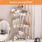 3-Tier Corner Bathroom Counter Organizer，Makeup & Skincare Shelf with Built-in Brush Holder，Space-Saving Bathroom Countertop Organizer for Skincare, Perfume, Cosmetics(Clear) - Image 4