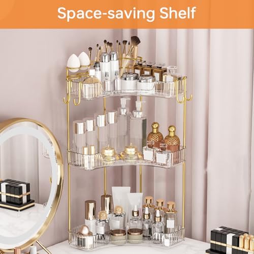 3-Tier Corner Bathroom Counter Organizer，Makeup & Skincare Shelf with Built-in Brush Holder，Space-Saving Bathroom Countertop Organizer for Skincare, Perfume, Cosmetics(Clear) - Image 4