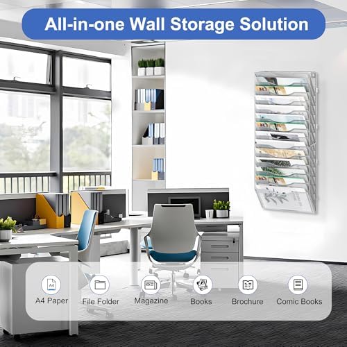 EasyPAG Wall File Organizer for Office 14 Pocket Mesh Wall Mounted Paper Organizer Hanging Folder Holder with Nametag Label for Home School, Silver - Image 5