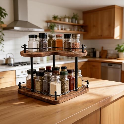 2 Tier Wooden Spice Rack Organizer, 360° Rotating Lazy Susan, 11.8 Inch Large Capacity Countertop Spice Shelf, Adjustable Height, Pine Wood, for Kitchen Bathroom Cosmetic Storage gift set - Image 2
