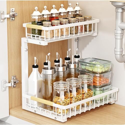 GarveeLife Under Sink Organizer - L-Shape Pull-Out 2-Tier Carbon Steel Storage Organizer with Suction Cups - Space-Saving Cabinet Rack for Kitchen & Bathroom - Easy Access Sliding Design - White - Image 5
