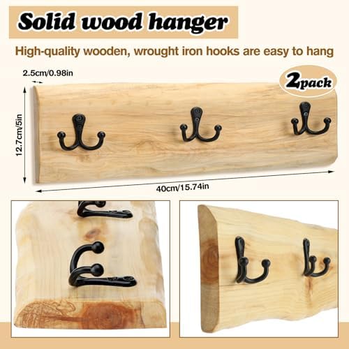Threehoney 2 Pcs Wooden Wall Coat Rack, 15.8 Inch with 3 Hooks Farmhouse - Image 4
