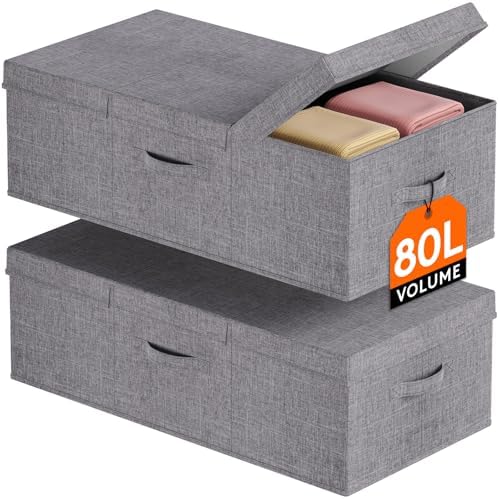 Lifewit 80L Under Bed Storage Containers, 9.8 Inch Tall Underbed Clothes Storage Organizer Bin with Sturdy Sidewalls, Bottom, 3 Lids, Deep Storage Drawer for Clothes, Shoes, Blankets, Pillows 2 Pack by Lifewit