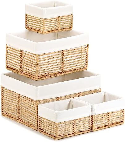 Vagusicc Wicker Storage Basket, Hand-Woven Paper Rope Wicker Baskets, Rectangular Small Wicke Baskets for Organizing, Cube Storage Bins for Closet/Clothes/Dresser, Natural, 5-Pack by Vagusicc