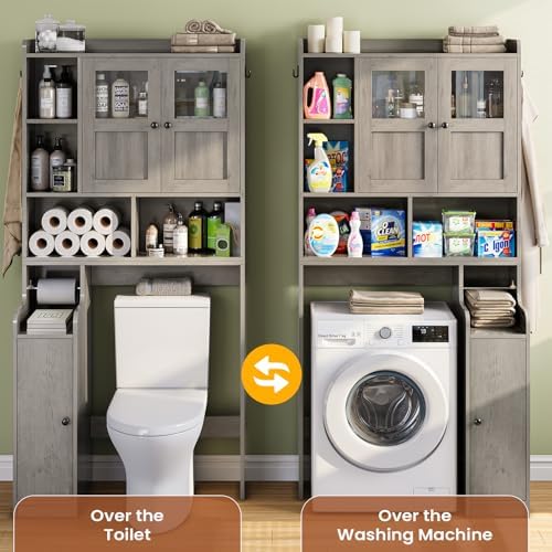 Itaar Over The Toilet Storage Cabinet, Over Toilet Bathroom Organizer with Glass Doors & Toilet Paper Holder Stand, Home Space-Saving Toilet Rack, for Bathroom, Restroom, Laundry, Grey - Image 5