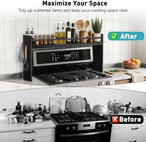 Spice Rack Shelf for Kitchen Stove, Over The Stove Shelf with 4 Hooks, Premium Wood & Metal Commbined Spice Rack Organizer Extra Storage Countertop (Black) - Image 3