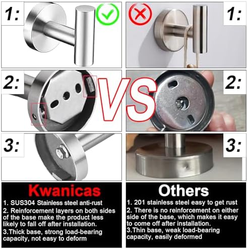 6 Pieces Brushed Nickel Bathroom Hardware Accessories Set Hand Towel Ring 16&23.6 inch Round Towel Bar Silver Toilet Paper Holder Towel Hooks 2 Pieces SUS 304 Stainless Steel,Heavy Duty,Wall Mounted - Image 6