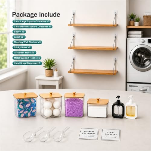 Laundry Room Organization Set, 3pack Wall Mounted Bamboo Floating Shelves with 4 Clear Laundry Pod Containers and 2 Soap Dispensers, No Drill Bathroom & Laundry Room Storage Organizer - Image 6