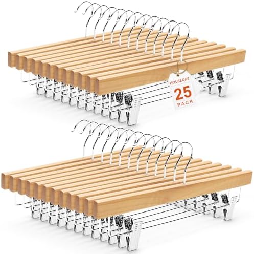 HOUSE DAY Wooden Pants Hangers with Clips, 25 Pack Skirt Hangers, Natural by HOUSEDAY