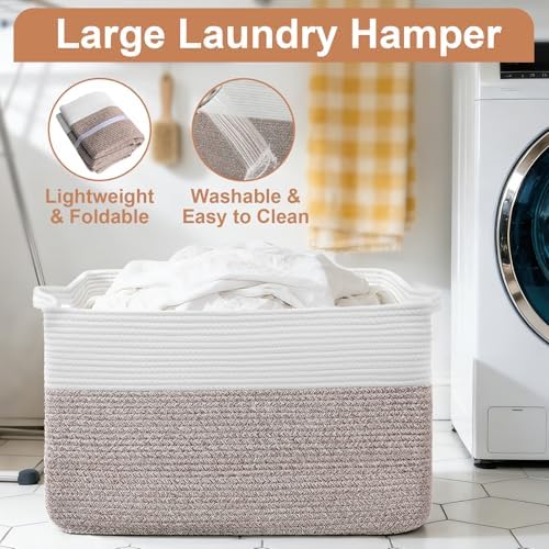 75L Large Blanket Storage Basket with Handles - White & Brown - Image 5