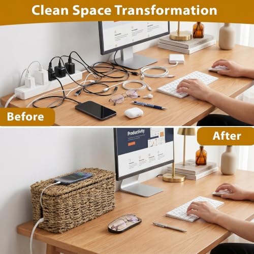 2 Pack Handwoven Cable Management Box with Lid, Decorative Cord Organizer for Power Strips, Chargers, TV Wires, Desk, Home & Office Storage, Natural Sea Grass - Image 3