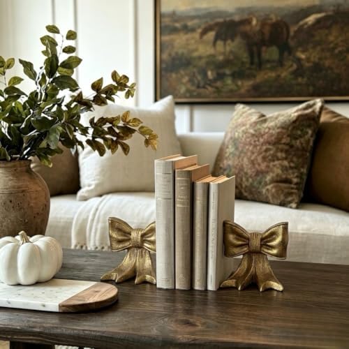 Gold Bow Metal Bookends Set of 2 Heavy Duty Cast Iron Book Ends for Heavy Books Unique Modern Decorative Book Holders for Shelves Home Accent Decor - Image 7