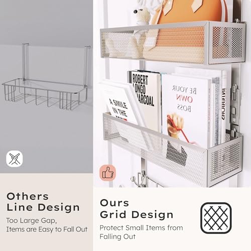 Consumest Over The Door Hooks Organizer - 3 Tier Door Hanger with 9 Coat Hooks & 2 Mesh Basket, Back Storage Organizer Hanging Towels for Bathroom, Bedroom, Sand Nickel - Image 2