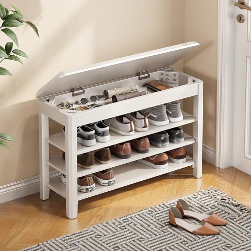 IUNVR Shoe Rack Bench Seat Rubberwood 3-Tier Wooden Storage Bench 550lbs Compact Mid-Century Modern Design for Entryway, Hallway, Closet, Front Door Entrance, Foyer by IUNVR