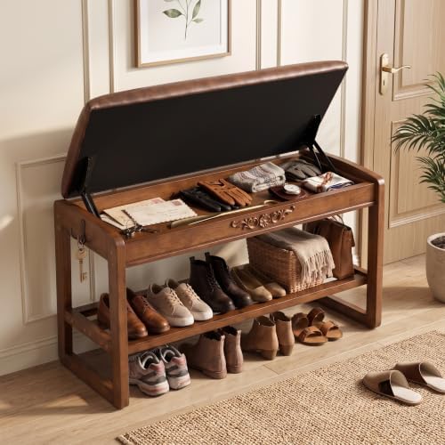 Shoe Rack Bench Solid Wood Entryway Shoe Storage Bench with Flip-Top 39.4'' by Drogenble