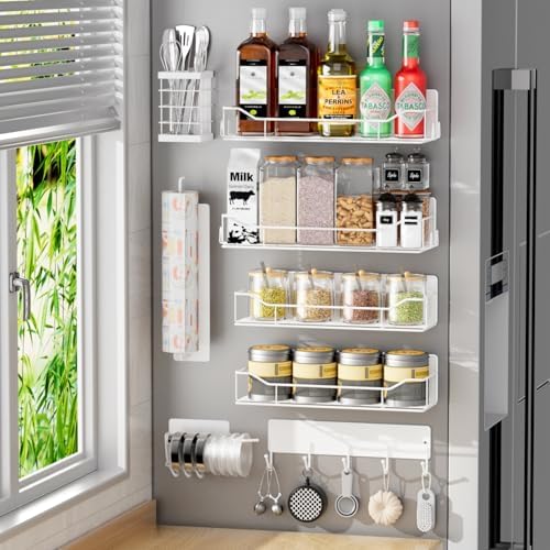 Magnetic Spice Rack for Refrigerator,8 Pack Magnetic Fridge Shelf, Moveable Spice Organizer with Hook Rack, Paper Towel Holder, Utensil Holder,cup lid holder, Super Magnetic Rack Set (White) by IYEBAU
