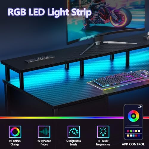 Korfile 55 Inch Gaming Desk with Power Outlets and LED Lights, Reversible Computer Desk with 5 Fabric Storage Drawers, Home Office Desk with Monitor Stand for Working Writing Study, Carbon Fiber Black - Image 6