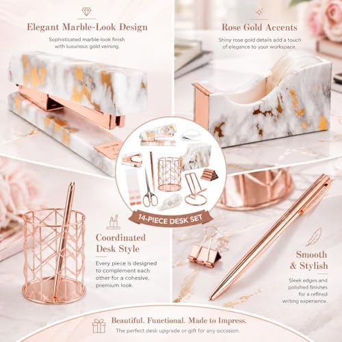 Office Desk Supplies Accessories - Women Marble Desk Decor Set Rose Gold - Image 3