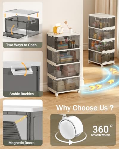 23QT Stackable Storage Bins with Lids and Wheels, 4 Tier 92QT Foldable Plastic Storage Drawers with Magnetic Doors, 4 Pack Collapsible Closet Organizer for Bedroom Office, Clear Gray - Image 6