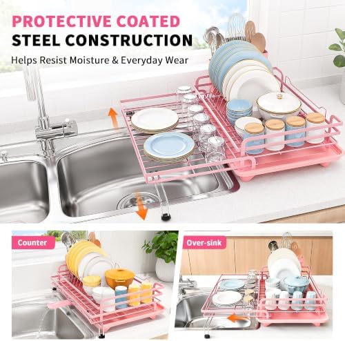 Expandable 2-in-1 Dish Drying Rack with Drainboard (Pink) - Image 3