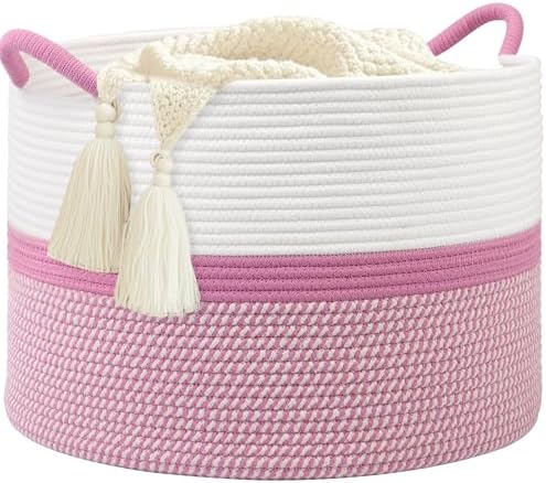 Pink Laundry Basket,20''x13''Woven Cotton Rope Laundry Hamper,Large Blanket Basket for Living Room,Baby Baskets,Kids Toy Storage Basket for Organizing,Woven basket,Clothes Hamper,Room Decor by Hobasket