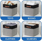Temary 13 x 13 Storage Cubes Foldable Storage Cubes 4 Pack Canvas Storage Bin for Home, Square Storage Baskets with Leather Handles (Black&Grey) - Image 4
