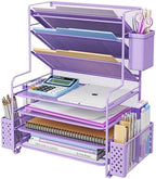 Simple Trending 7 Tier Desk File Organizer, Letter Tray Paper Organizer with Pen Holder and Metal Hanging Basket, Purple by SimpleTrending