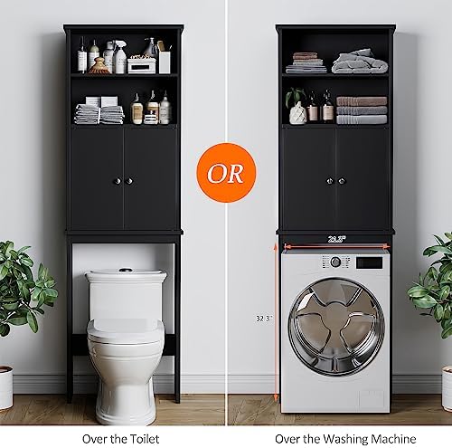 Over the Toilet Storage Cabinet for Bathroom, 75in Black Over Toilet Cabinet Freestanding Storage Organizer, Space Saver with Doors and Adjustable Shelf, Black - Image 4
