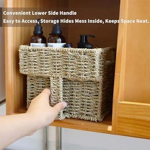 GYASVWU Seagrass Pantry Baskets for Organizing, Wicker Storage Baskets for High Shelves with Handles, Rattan Baskets for Home, Cabinet, Farmhouse, 2 Pack (Seagrass Color) - Image 4