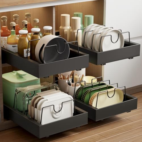Mustorn 2 Pack Pull Out Cabinet Organizer with 8 Dividers,21.8" Deep Slide Out Drawers for Cabinets Adhesive Pull Out Drawers Heavy Duty Pull Out Shelves for Kitchen, Cupboard, Pantry, Bathroom-Black by MUSTORN