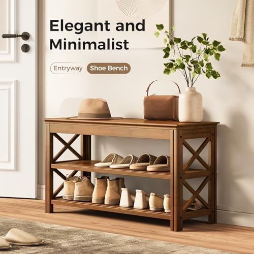 Bamworld Shoe Rack Bench with Storage 3 Tier Bamboo Shoe Bench Entryway Rustic Solid Wood Entryway Bench (X-Brown,31.5") - Image 3