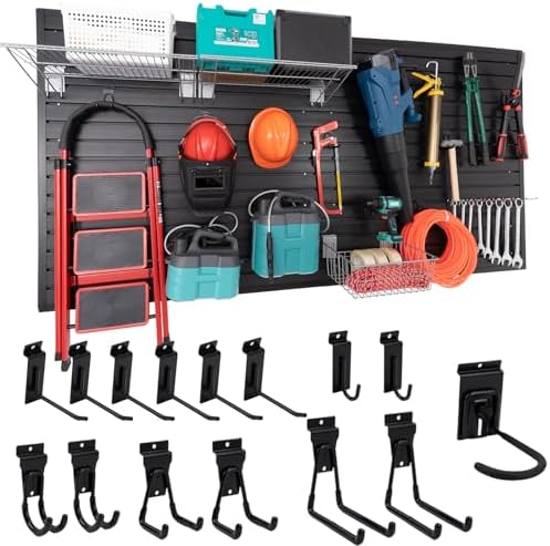 FRAYSCENT Slat Wall Paneling Garage Slat Wall Storage Systems Slatwall Panels Power Tool Organizer Wall Mount, PVC Garage Storage & Organization Products Slate Board (Black, 4ft x 8ft with 15 Hooks) by FRAYSCENT