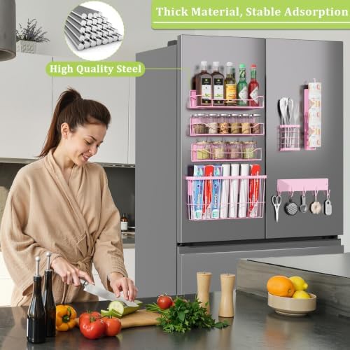 Magnetic Spice Rack for Refrigerator, 7 Pack Magnetic Fridge Shelf for Kitchen Organization Storage, Moveable Spice Organizer W/Paper Towel Holder, Utensil Caddy, Cutting Board Rack (Pink) - Image 6