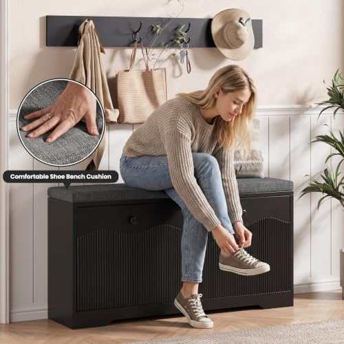 Halitaa Entryway Bench with Shoe Storage and Coat Rack, Fluted Storage Bench with Cushioned Seat and 2-Tier Flip-Drawer Shoe Cabinet, Shoe Bench for Hallway Mudroom Bedroom,Black - Image 3