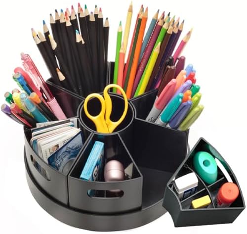 Black Rotating Desk Organizer with Dividers Lazy Susan Caddies for Home School Office Supplies, Pens, Markers and Art Supplies for Classroom by PUZZLEEZ