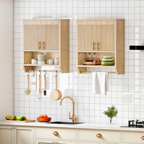 HOOBRO Fluted Bathroom Cabinet with 2 Doors, Farmhouse Bathroom Wall Cabinet with Towel Rack and Open Shelf, Fluted Wall-Mounted Medicine Storage Over The Toilet for Bathroom, Kitchen, Natural - Image 5