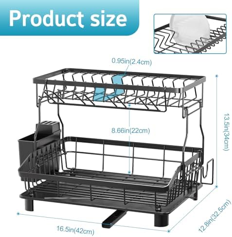 2 Tier Dish Drying Rack for Kitchen Counter, Large Capacity, Black - Image 5