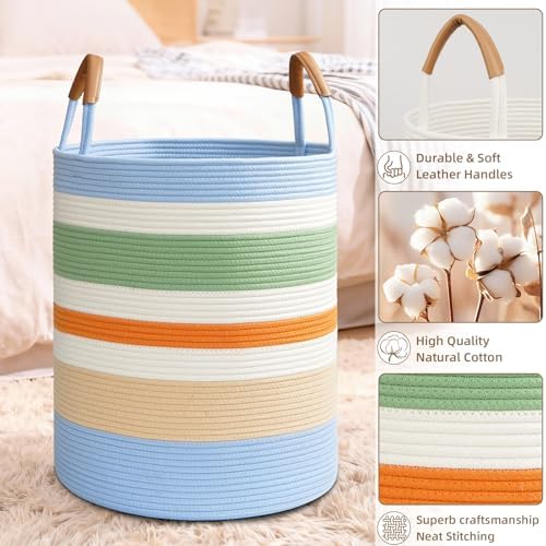 Large Laundry Basket, Laundry Hamper with Leather Handles, 60L Woven Dirty Clothes Hamper, Rope Hampers for Bedroom, Barthroom, Rainbow - Image 5