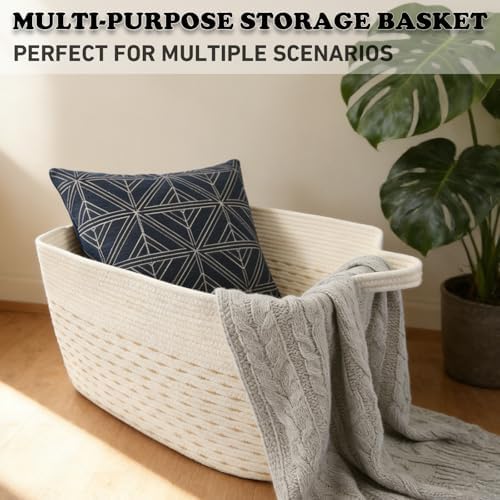 96L Woven Laundry Basket with Handles, Extra Blanket Basket,Yellow - Image 6