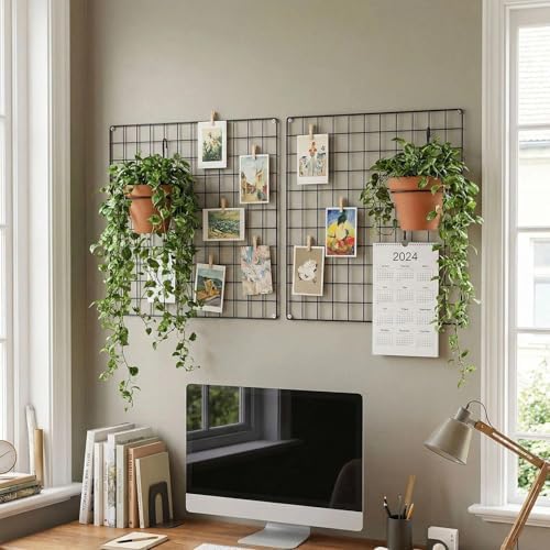 Kaforise Painted Wire Wall Grid Panel, Multifunction Photo Hanging Display and Wall Storage Organizer, Pack of 2, Size:23.6"x 23.6", Square Black by Kaforise