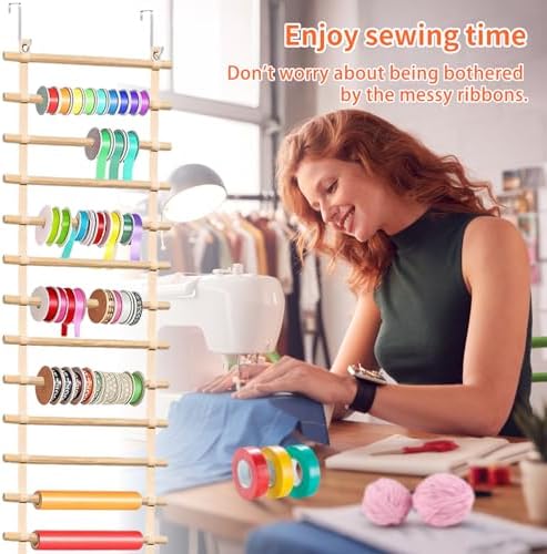 Over The Door Ribbon Organizer ：20 Tier Wood Wrapping Paper Display Rack Large Gift Paper Storage Easy wall Door Mount Multiple Mounted Ribbon Holder Rack Craft Room Roll - Image 3