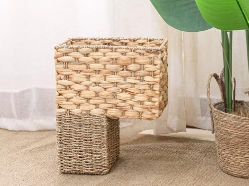 YAHUAN Stair Basket with Handles, Woven Water Hyacinth and Seagrass Stair Baskets for Carpeted Stairs, Natural Woven Wicker Staircase Storage Organizer for Home (Water Hyacinth & Sea grass) - Image 4