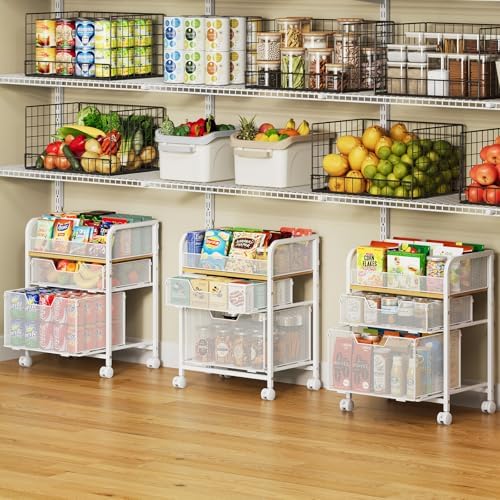 Yociyoga 3 Tier Rolling Cart with Drawers,Pantry Storage Cart with Wheels,Under Desk Storage Cart for Small Space,Pantry Floor Organizers and Storage,Metal Load-Bearing Utility Craft Cart,White by FollowWithYociyogaTogether