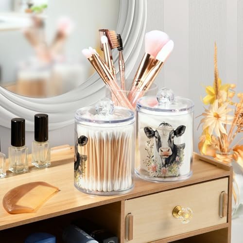 Fustylead 4 Pack Watercolor Hand Draw Cow and Flower Qtip Holder Dispensers for Cotton Swab, Ball, Round Pads, Floss, Plastic Apothecary Jar Set for Bathroom Canister Storage - Image 5