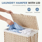 DUMOS Laundry Basket with Lid, 110L Wicker Laundry Hampers, Summer Sand - Image 2