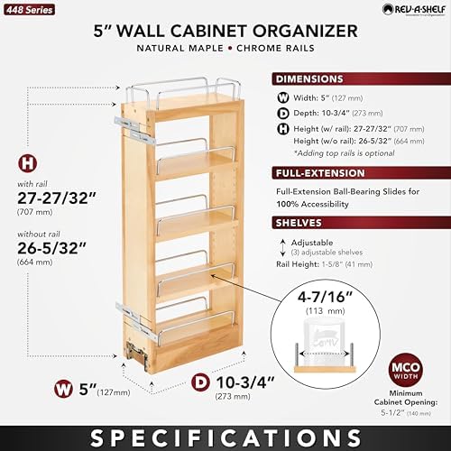 Rev-A-Shelf Maple Pullout Organizer for Wall Kitchen Cabinets, Full Extension Slides & Adjustable Shelves, Min Opening Width of 5.5", 448-WC-5C - Image 3