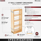 Rev-A-Shelf Maple Pullout Organizer for Wall Kitchen Cabinets, Full Extension Slides & Adjustable Shelves, Min Opening Width of 5.5", 448-WC-5C - Image 3